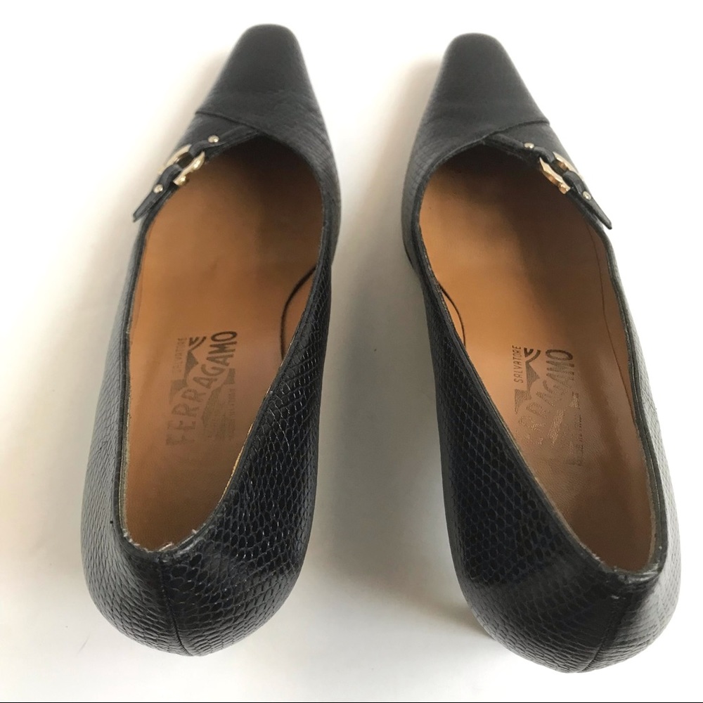 Salvatore Ferragamo Black Snakeskin Leather and Classic Gancini Logo Heel 8 - Picture 5 of 11
